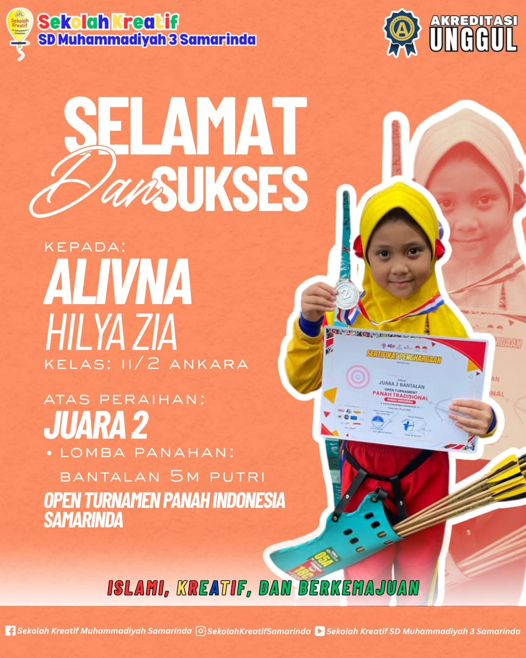 Alivna Hilya Zia Raih Juara 2 Lomba Panahan Bantalan 5M Putri di Open Turnamen Panah Indonesia Samarinda